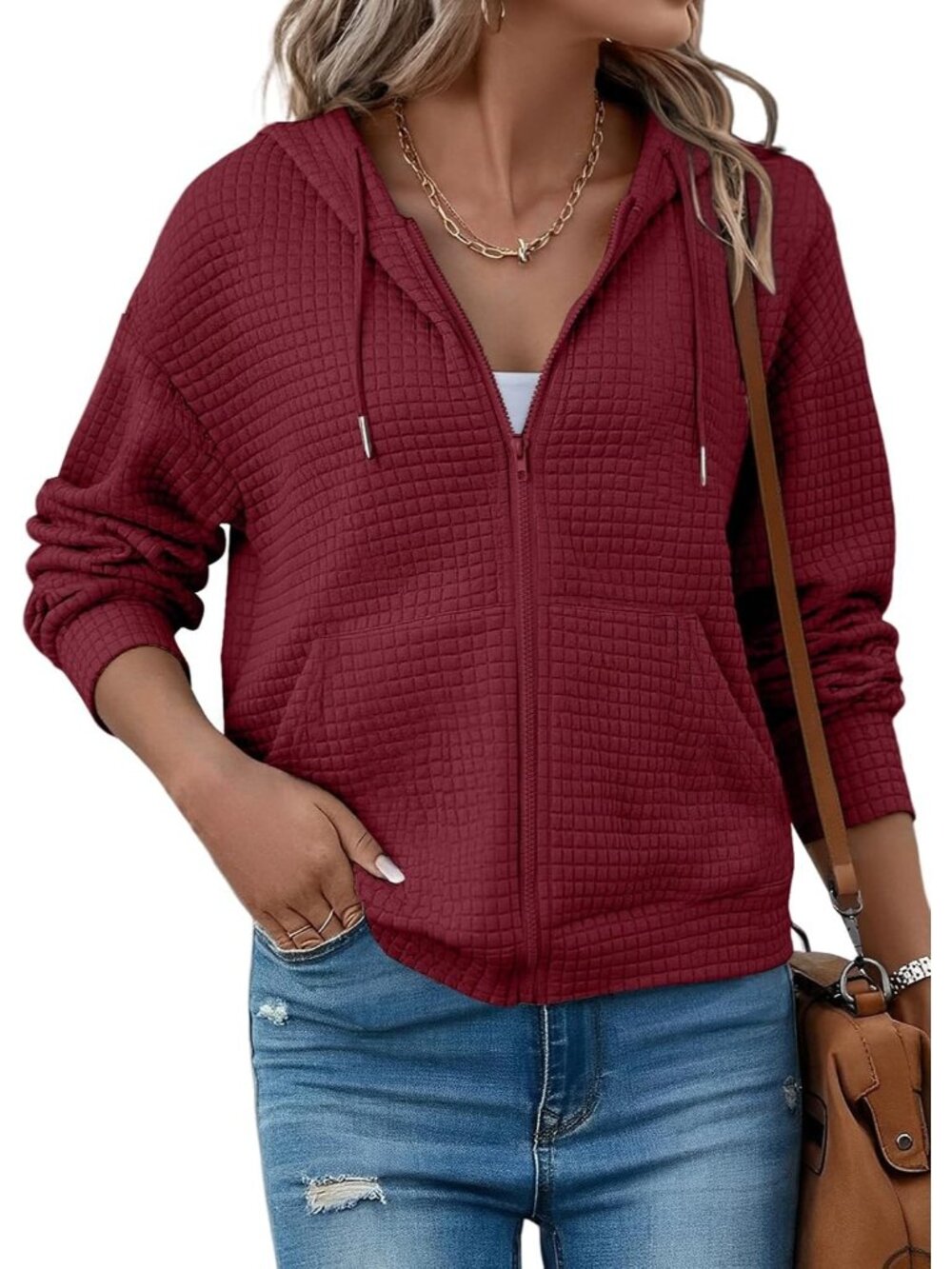 〽️Women's Red Zip Up Hooded Oversized Sweatshirt Fall Fashion Waffle Jacket